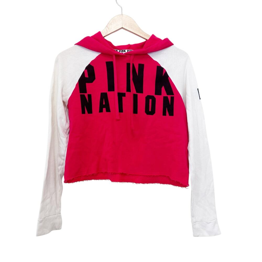 Pink Victoria's Secret Red White Color Block Cropped Hoodie Sz XS
